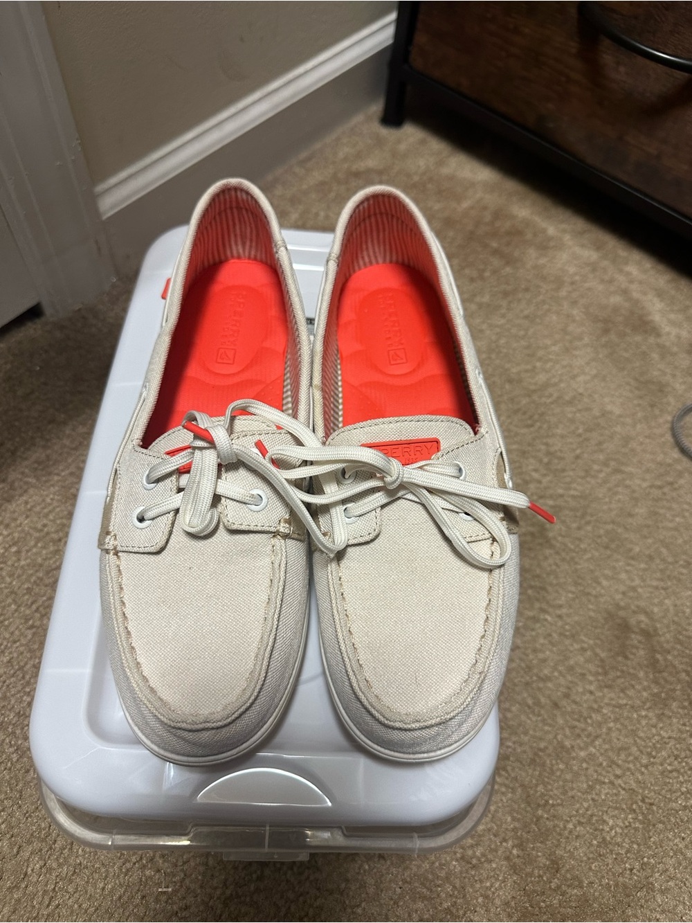 Sperry Cream Canvas Boat Shoes with Coral Insoles